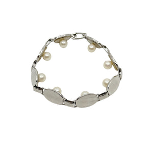 Vintage MCM Japanese Saltwater Akoya Cultured Pearl Oval Mother of Pearl Bracelet- Sterling Silver