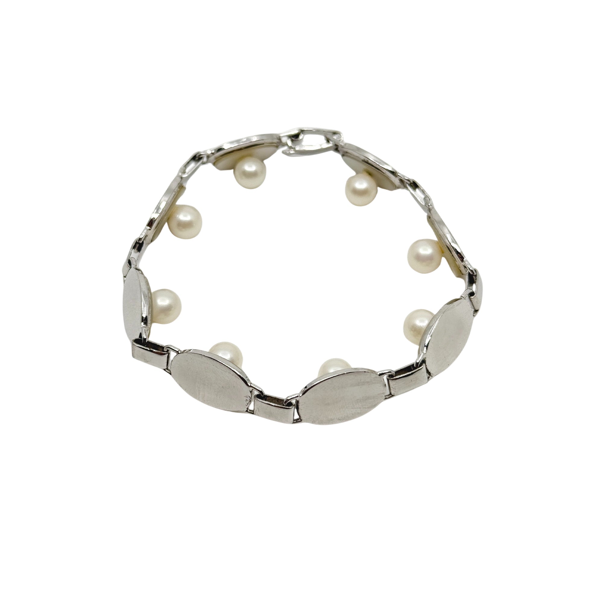 Vintage MCM Japanese Saltwater Akoya Cultured Pearl Oval Mother of Pearl Bracelet- Sterling Silver