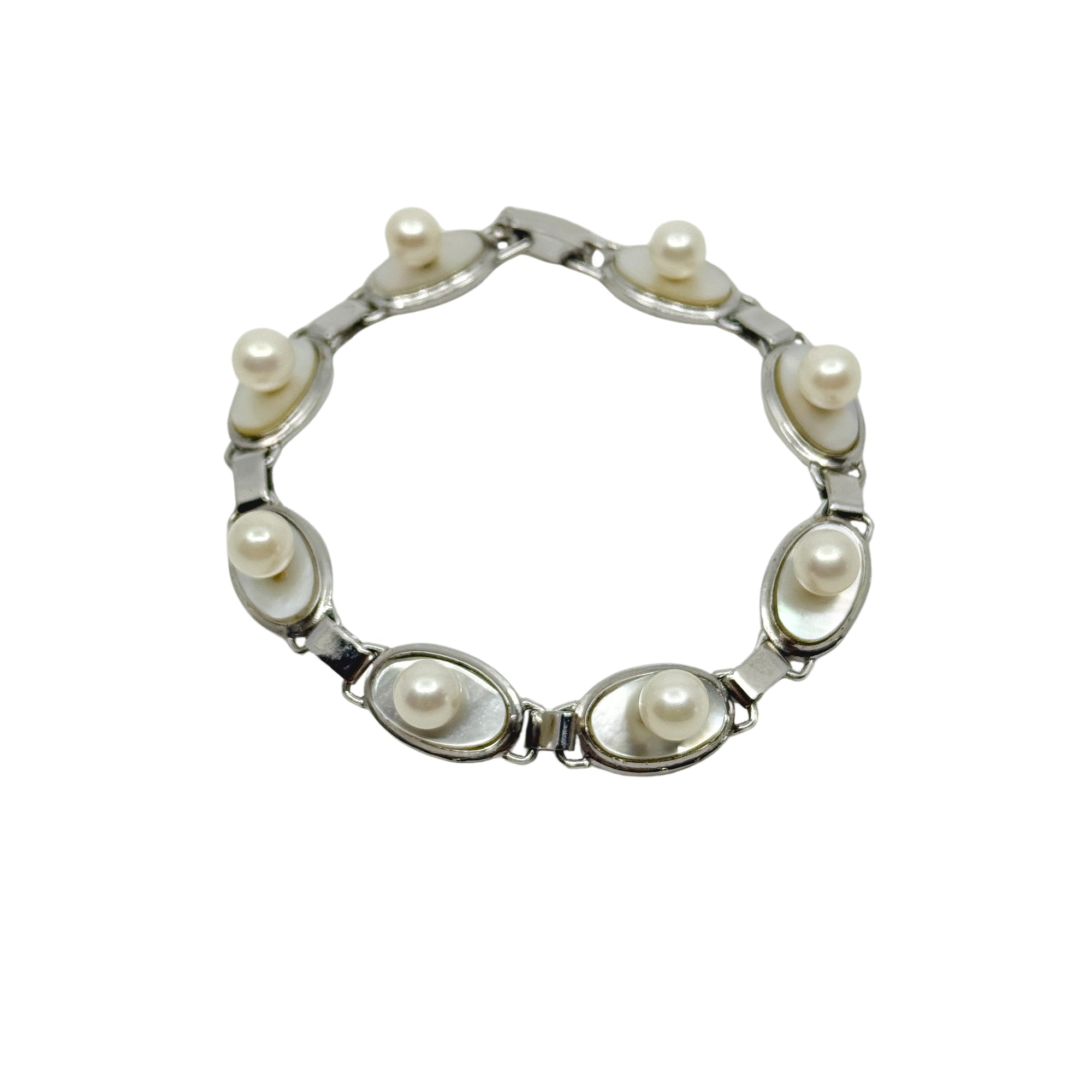 Vintage MCM Japanese Saltwater Akoya Cultured Pearl Oval Mother of Pearl Bracelet- Sterling Silver