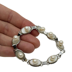 Vintage MCM Japanese Saltwater Akoya Cultured Pearl Oval Mother of Pearl Bracelet- Sterling Silver