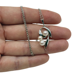 Vintage Leaf Mid Century Japanese Saltwater Akoya Cultured Pearl Pendant- Sterling Silver 16 Inch