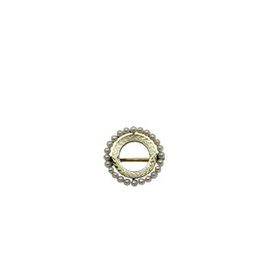 Petite Seed Pearl Vintage Engraved Circle Pin Brooch- 14K Yellow Gold