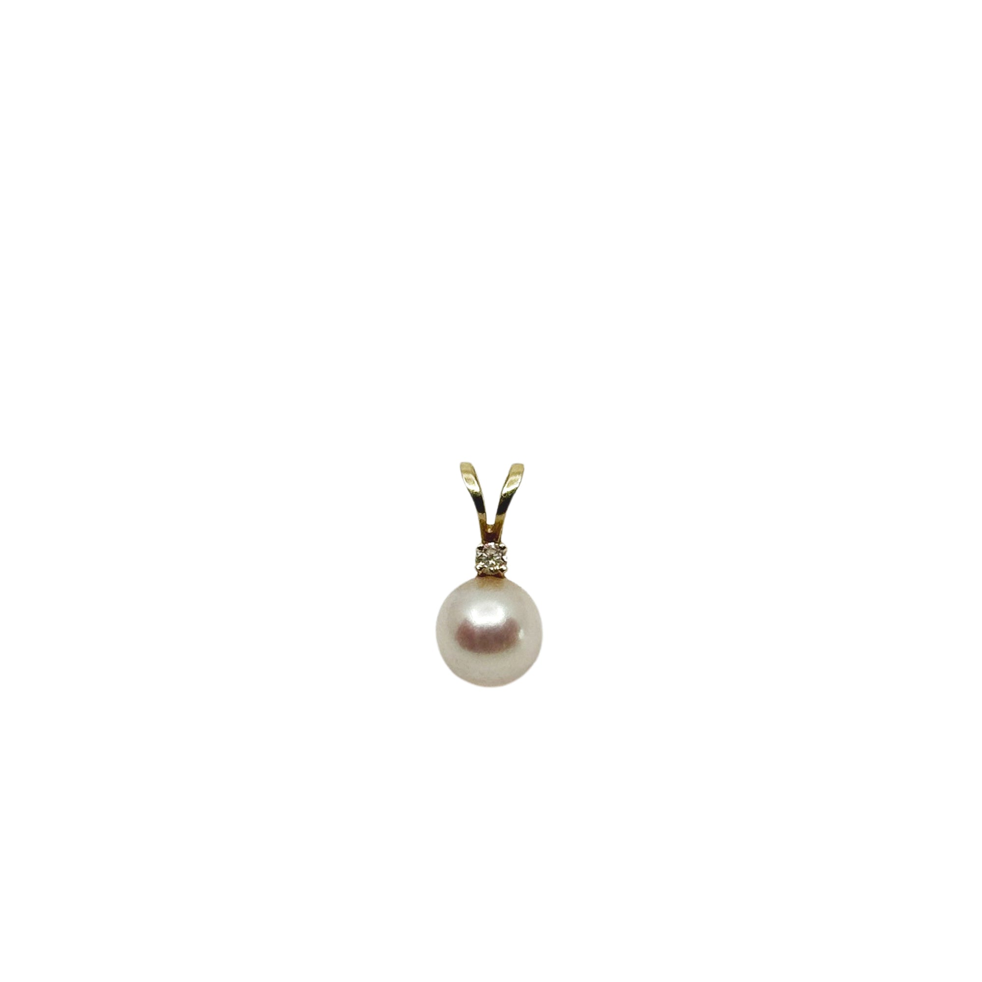 Vintage Diamond Charm Japanese Saltwater Akoya Pearl Solitaire Drop Pendant- 14K Yellow Gold