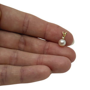 Vintage Diamond Charm Japanese Saltwater Akoya Pearl Solitaire Drop Pendant- 14K Yellow Gold