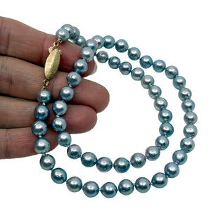 Vintage Bright Blue Mid-Century Japanese Saltwater Akoya Cultured Pearl Necklace - 14K Yellow Gold 17 Inch