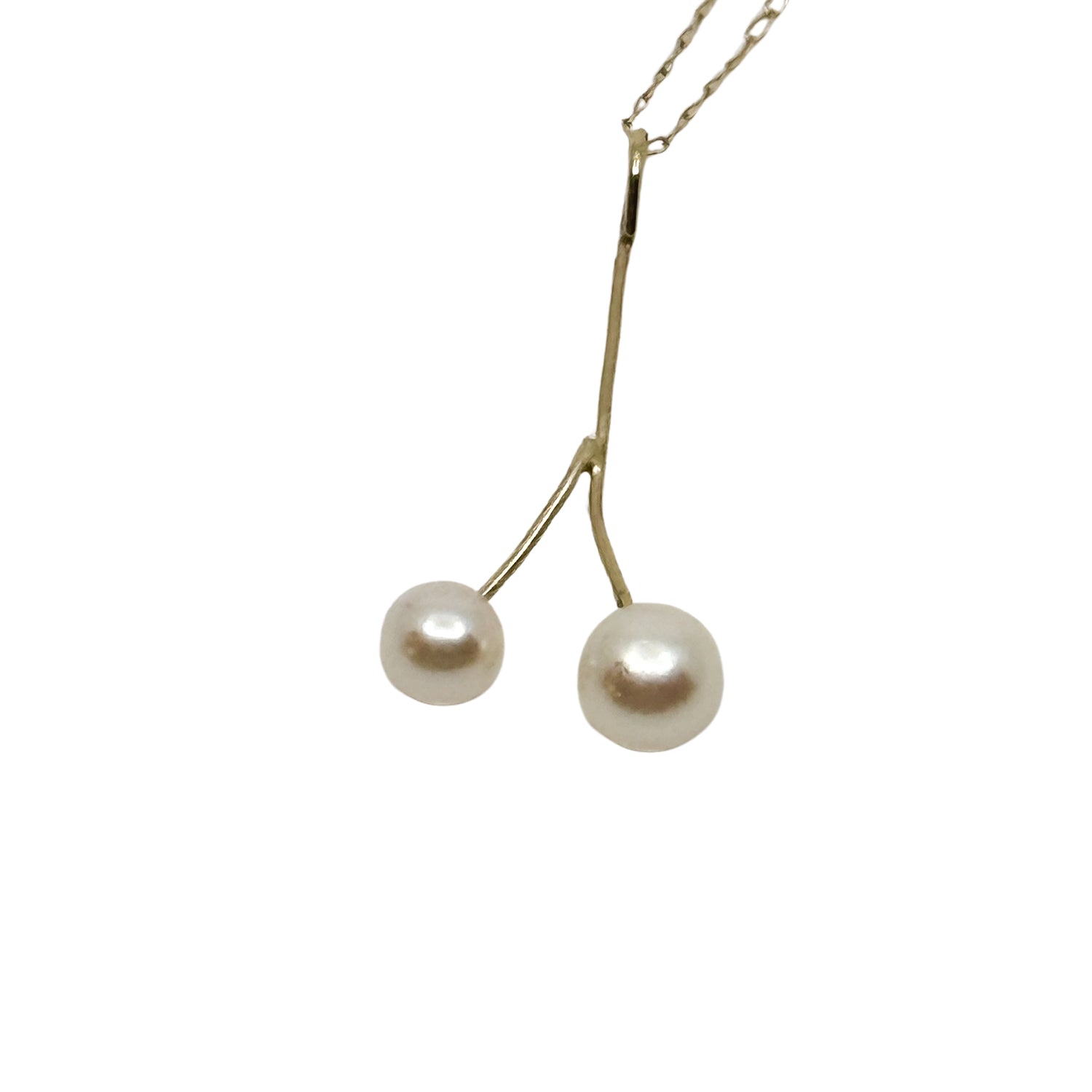 Petite Twin Branch Japanese Saltwater Akoya Pearl Drop Vintage Pendant- 14K Yellow Gold