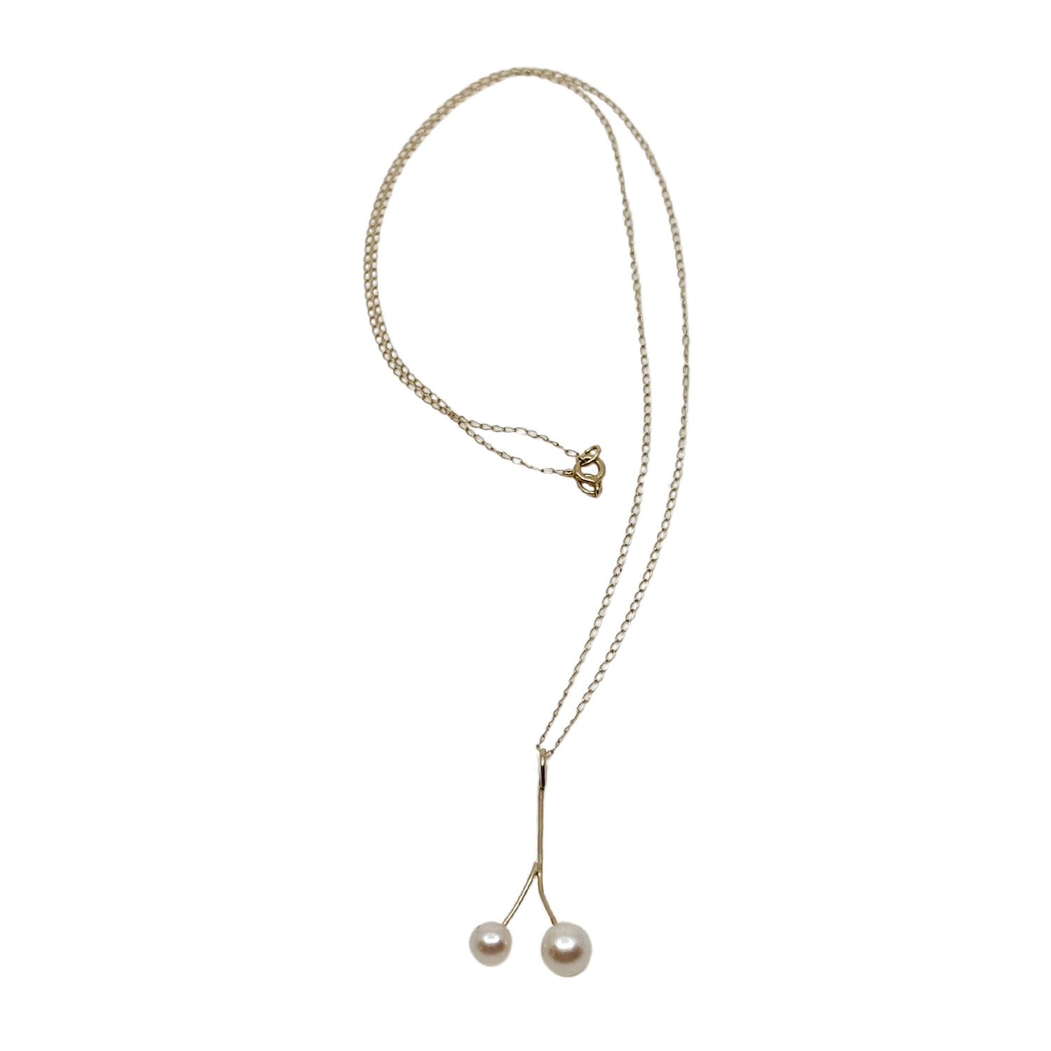 Petite Twin Branch Japanese Saltwater Akoya Pearl Drop Vintage Pendant- 14K Yellow Gold