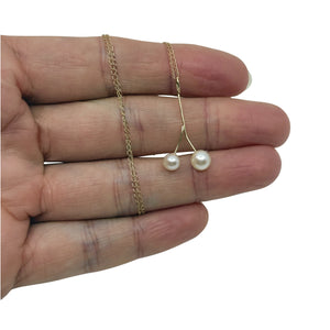 Petite Twin Branch Japanese Saltwater Akoya Pearl Drop Vintage Pendant- 14K Yellow Gold