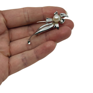 MCM Ribbon Japanese Saltwater Akoya Cultured Pearl Vintage Pendant Brooch- Sterling Silver