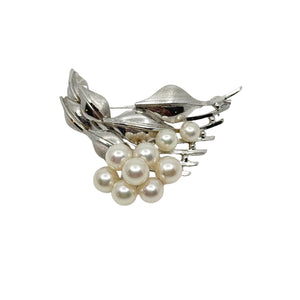 MCM Cluster Leaf Japanese Saltwater Akoya Cultured Pearl Vintage Brooch- Sterling Silver