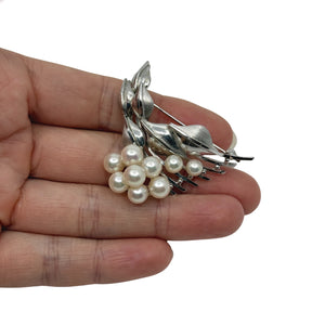 MCM Cluster Leaf Japanese Saltwater Akoya Cultured Pearl Vintage Brooch- Sterling Silver