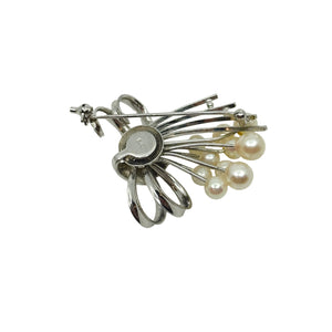 Modernist Spray Leaf Japanese Saltwater Akoya Cultured Pearl Vintage Brooch- Sterling Silver
