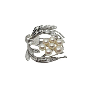 Vintage Textured Leaf Japanese Saltwater Akoya Cultured Pearl Brooch- Sterling Silver