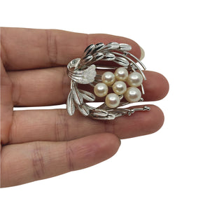 Vintage Textured Leaf Japanese Saltwater Akoya Cultured Pearl Brooch- Sterling Silver