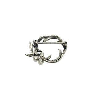 Vintage Black Marcasite Swirl Saltwater Akoya Cultured Pearl Circle Brooch- Sterling Silver