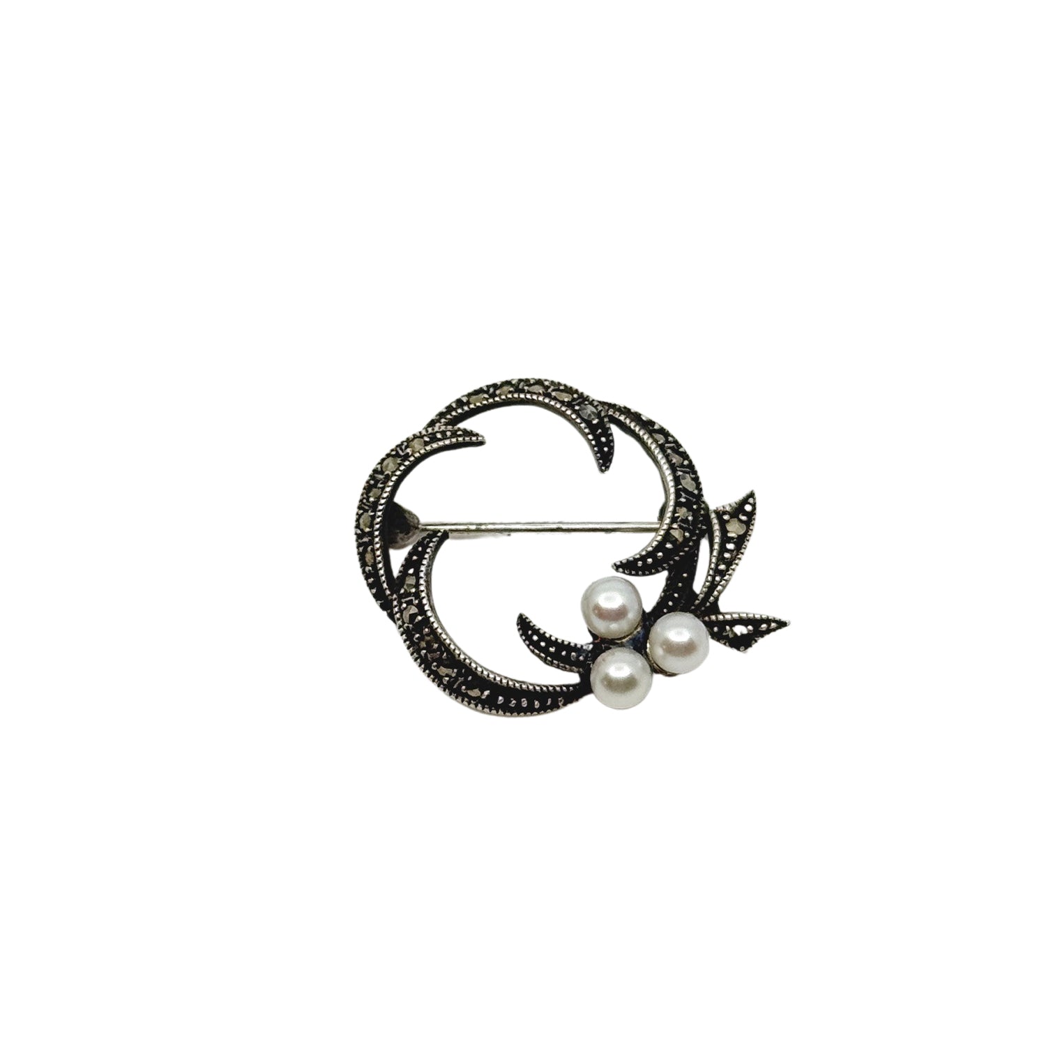 Vintage Black Marcasite Swirl Saltwater Akoya Cultured Pearl Circle Brooch- Sterling Silver