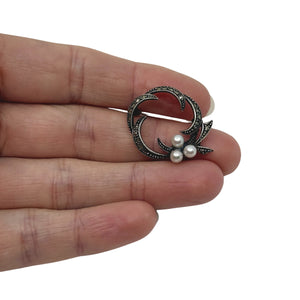 Vintage Black Marcasite Swirl Saltwater Akoya Cultured Pearl Circle Brooch- Sterling Silver
