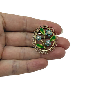 Vintage Forget Me Not Blue Enamel Flower Krementz Mid-Century Akoya Saltwater Cultured Pearl Leaf Brooch- Gold Filled
