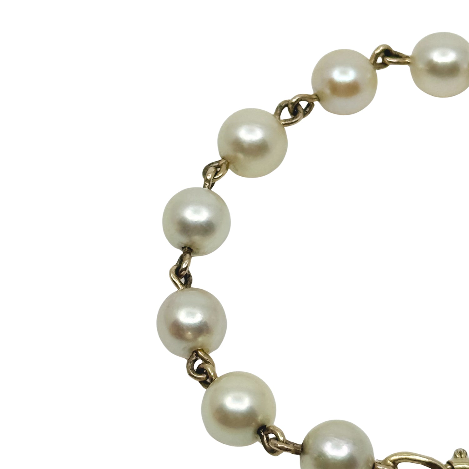 Large Japanese Saltwater Akoya Cultured Pearl Vintage Station Link Bracelet- Yellow Gold Filled