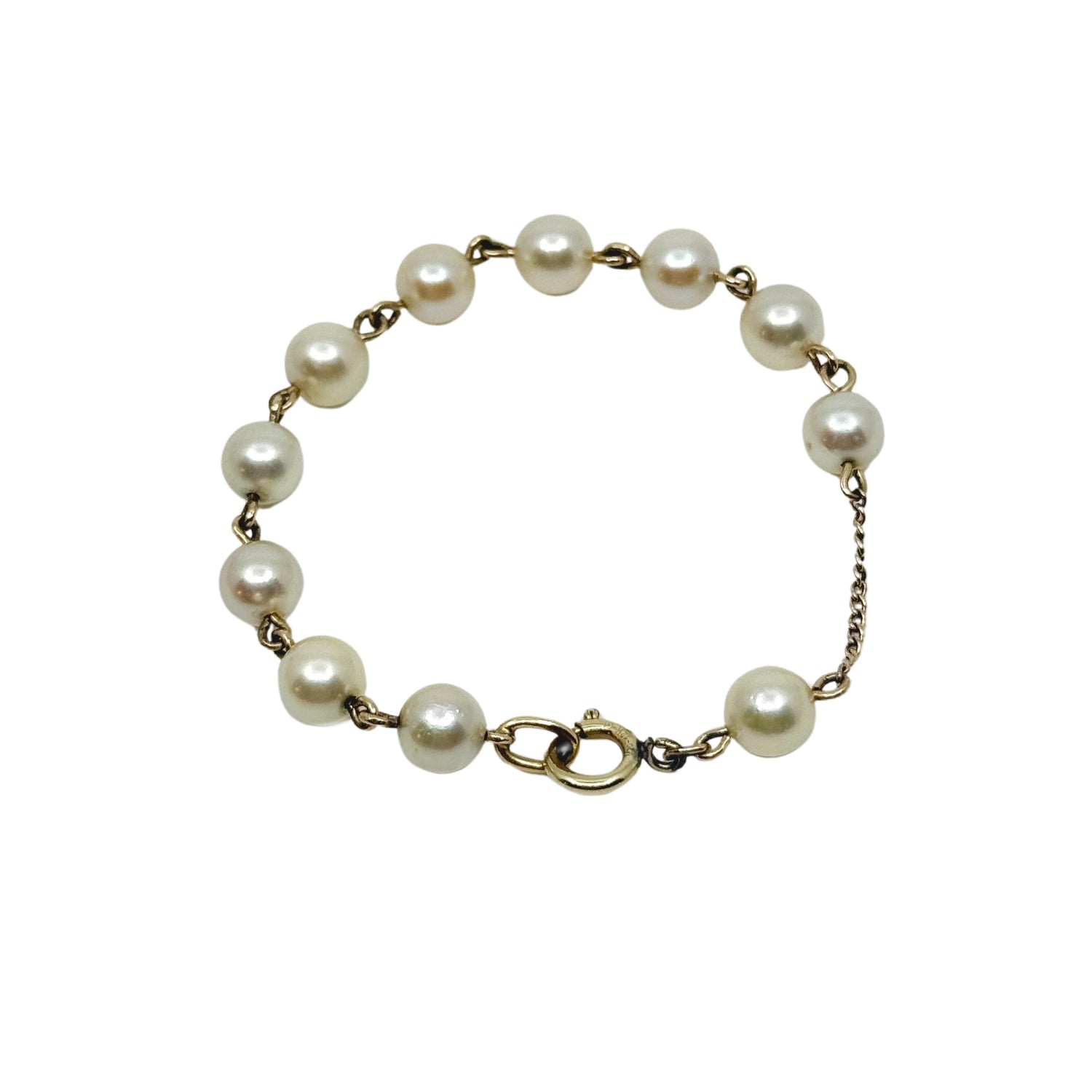 Large Japanese Saltwater Akoya Cultured Pearl Vintage Station Link Bracelet- Yellow Gold Filled
