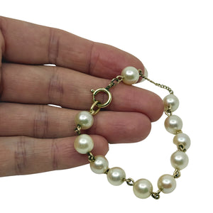 Large Japanese Saltwater Akoya Cultured Pearl Vintage Station Link Bracelet- Yellow Gold Filled
