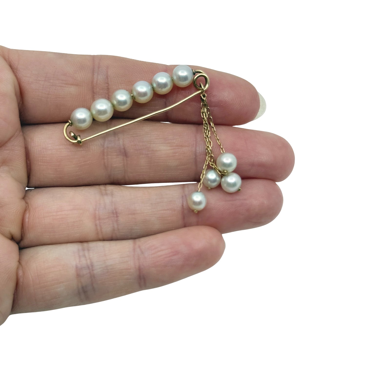 Vintage Shortener Mid Century Dangle Cultured Saltwater Akoya Pearl Bar Pin- 14K Yellow Gold