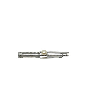 Engraved Mid Century Men's Japanese Saltwater Akoya Cultured Pearl Vintage Tie Bar- Sterling Silver