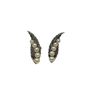 Graduated Leaf Climber Japanese Saltwater Akoya Cultured Pearl Screwback Earrings- Sterling Silver