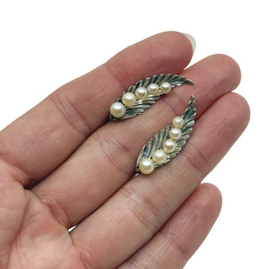 Graduated Leaf Climber Japanese Saltwater Akoya Cultured Pearl Screwback Earrings- Sterling Silver