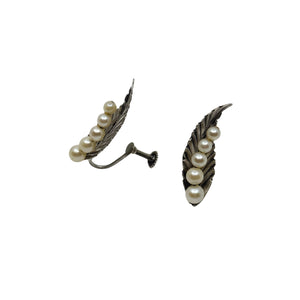 Graduated Leaf Climber Japanese Saltwater Akoya Cultured Pearl Screwback Earrings- Sterling Silver