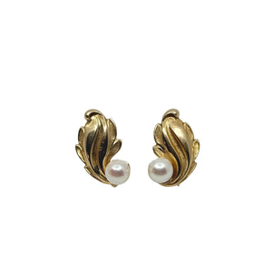 Mid Century Leaf Japanese Akoya Saltwater Cultured Pearl Screwback Earrings- 10K Yellow Gold