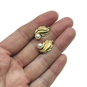 Mid Century Leaf Japanese Akoya Saltwater Cultured Pearl Screwback Earrings- 10K Yellow Gold