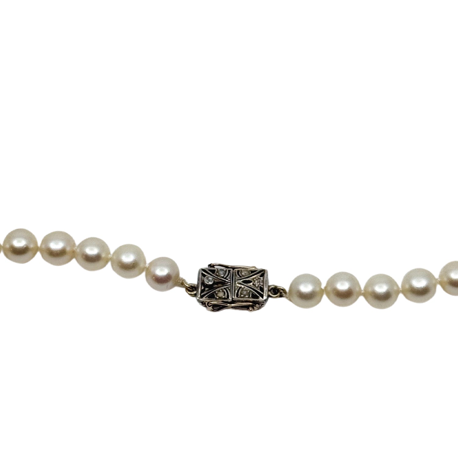 Rose Cut Diamond Antique Japanese Saltwater Cultured Akoya Pearl Necklace - 10K Yellow Gold 29.50 Inch