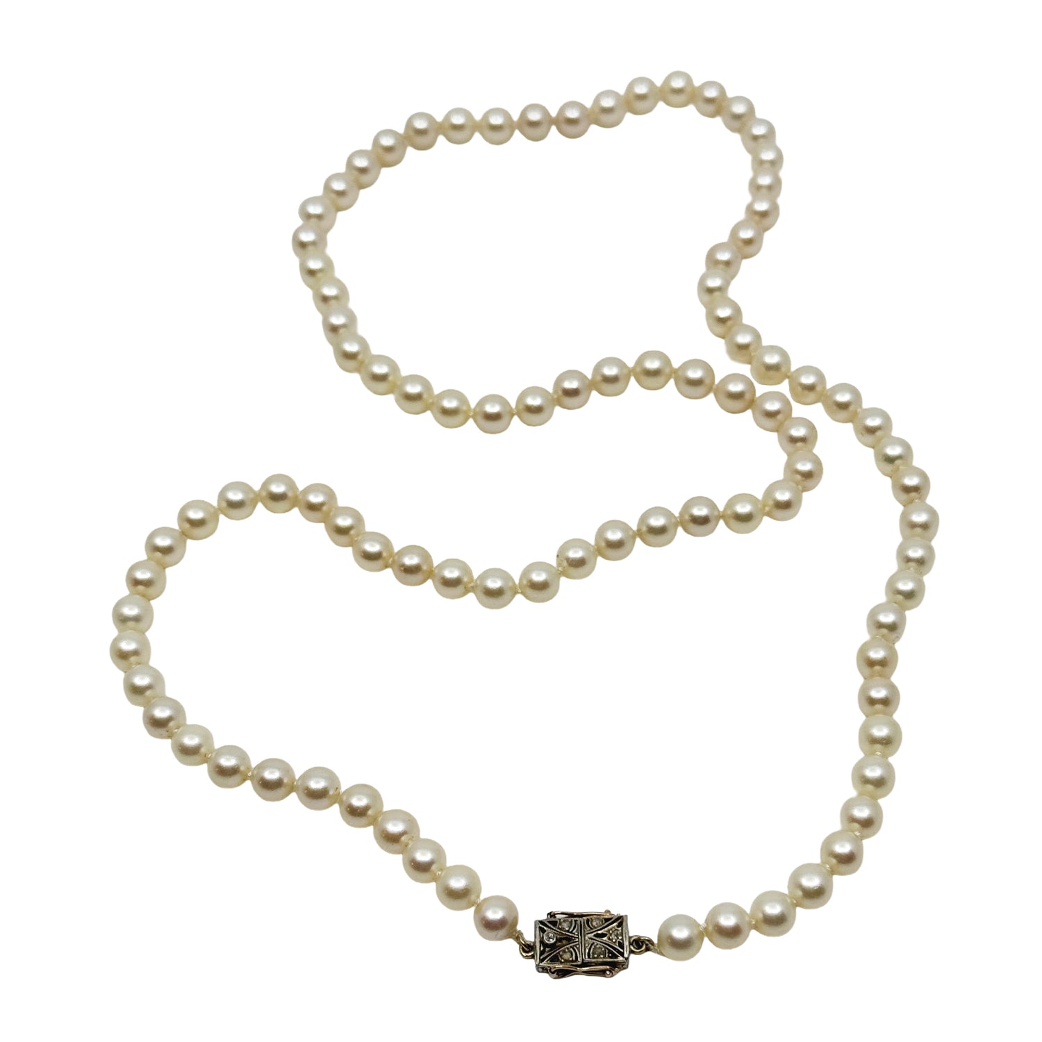 Rose Cut Diamond Antique Japanese Saltwater Cultured Akoya Pearl Necklace - 10K Yellow Gold 29.50 Inch
