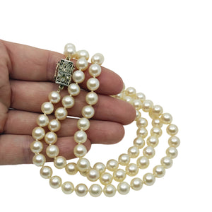Rose Cut Diamond Antique Japanese Saltwater Cultured Akoya Pearl Necklace - 10K Yellow Gold 29.50 Inch