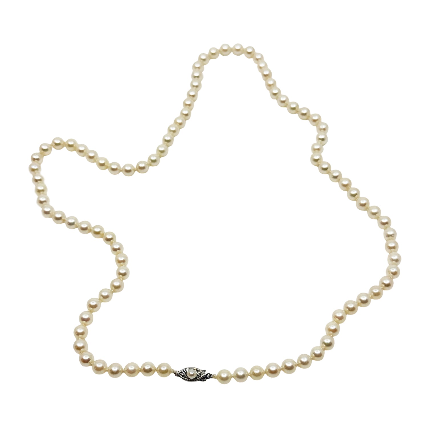 Retro Japanese Saltwater Akoya Cultured Pearl Mid Century Necklace - 14K White Gold 23.25 Inch