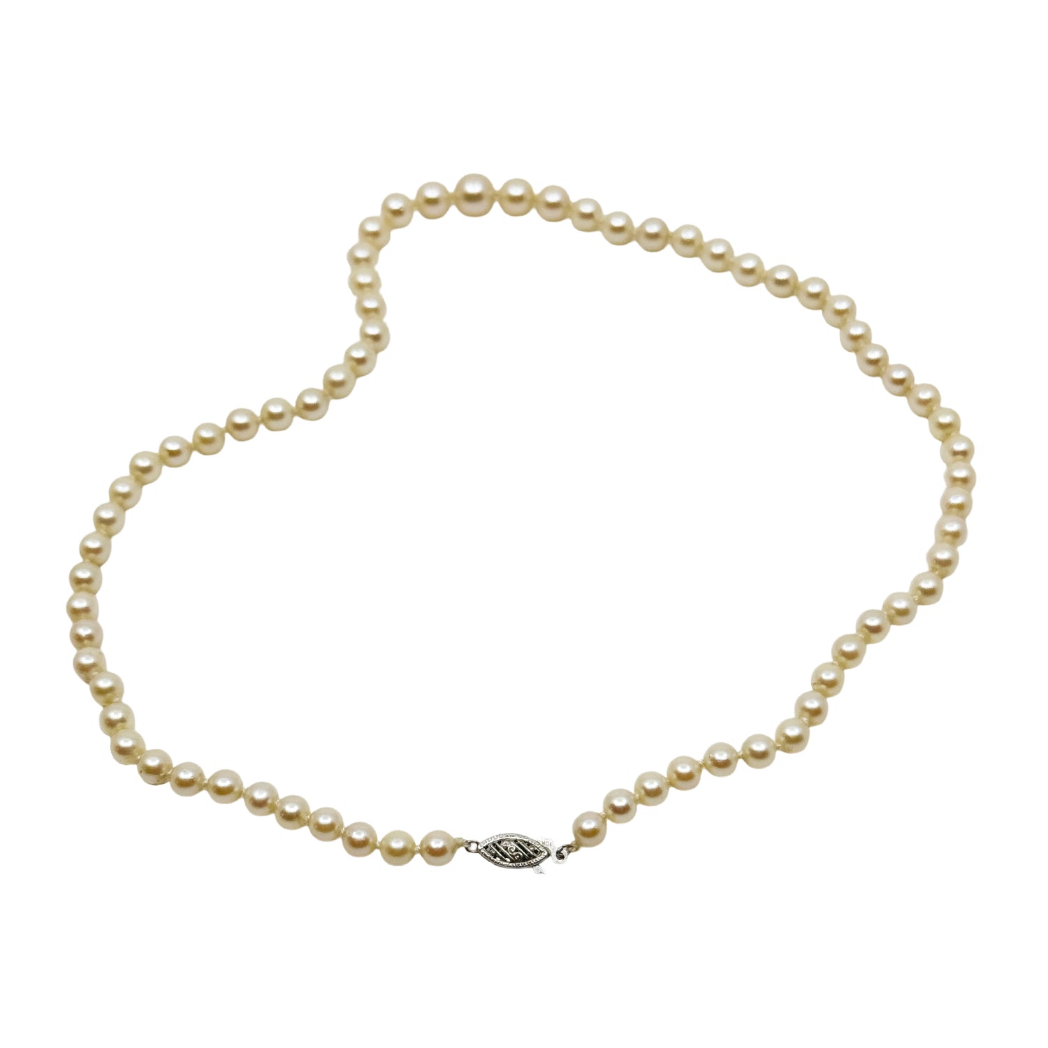 Cream Japanese Saltwater Akoya Cultured Pearl Mid Century Necklace - 10K White Gold 17 Inch
