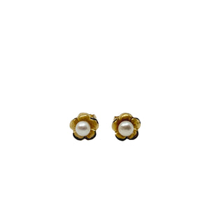 Petite Cherry Blossom Japanese Akoya Saltwater Cultured Pearl Stud Pierced Earrings- 14K Yellow Gold