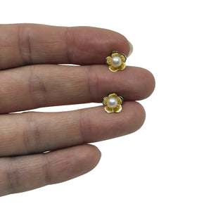 Petite Cherry Blossom Japanese Akoya Saltwater Cultured Pearl Stud Pierced Earrings- 14K Yellow Gold