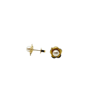 Petite Cherry Blossom Japanese Akoya Saltwater Cultured Pearl Stud Pierced Earrings- 14K Yellow Gold