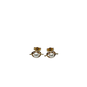 Petite Bow Japanese Akoya Saltwater Cultured Pearl Stud Pierced Earrings- 14K Yellow Gold