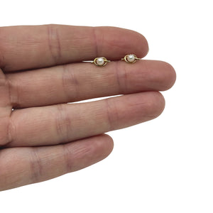 Petite Bow Japanese Akoya Saltwater Cultured Pearl Stud Pierced Earrings- 14K Yellow Gold