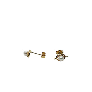 Petite Bow Japanese Akoya Saltwater Cultured Pearl Stud Pierced Earrings- 14K Yellow Gold