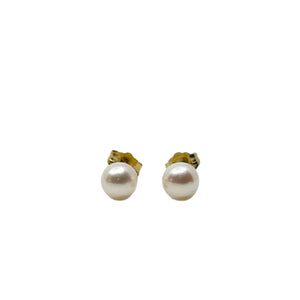 Simple Stud Japanese Akoya Saltwater Cultured Pearl Pierced Earrings- 14K Yellow Gold