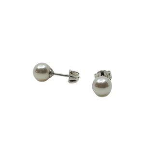 6.00mm Vintage Japanese Akoya Saltwater Cultured Pearl Solitaire Stud Pierced Earrings-Sterling Silver