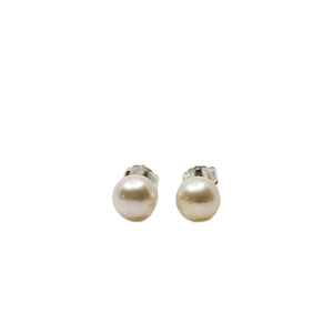 6.50mm Vintage Japanese Akoya Saltwater Cultured Pearl Solitaire Stud Pierced Earrings-Sterling Silver