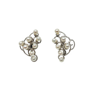 Large Engraved Swirling Waves Japanese Saltwater Akoya Cultured Pearl Screwback Earrings- Sterling Silver
