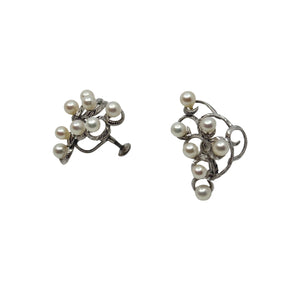Large Engraved Swirling Waves Japanese Saltwater Akoya Cultured Pearl Screwback Earrings- Sterling Silver