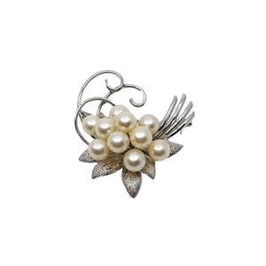 Stardust Textured Leaf Swirl Japanese Saltwater Akoya Cultured Pearl Brooch- Sterling Silver