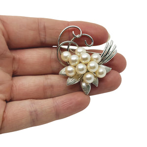 Stardust Textured Leaf Swirl Japanese Saltwater Akoya Cultured Pearl Brooch- Sterling Silver